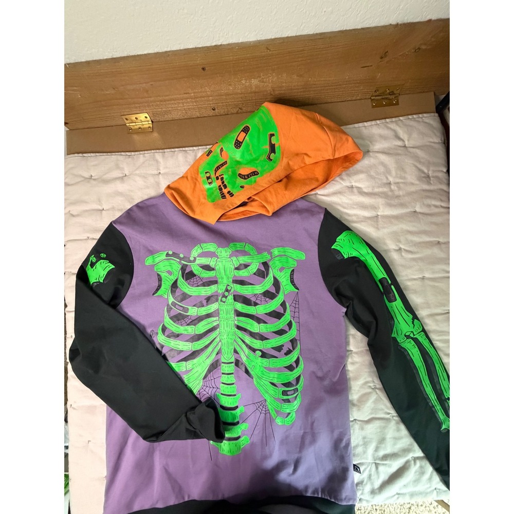 Rags Kids Skeleton Hoodie XL Purple Orange Neon Green Halloween Skull Cool Bones